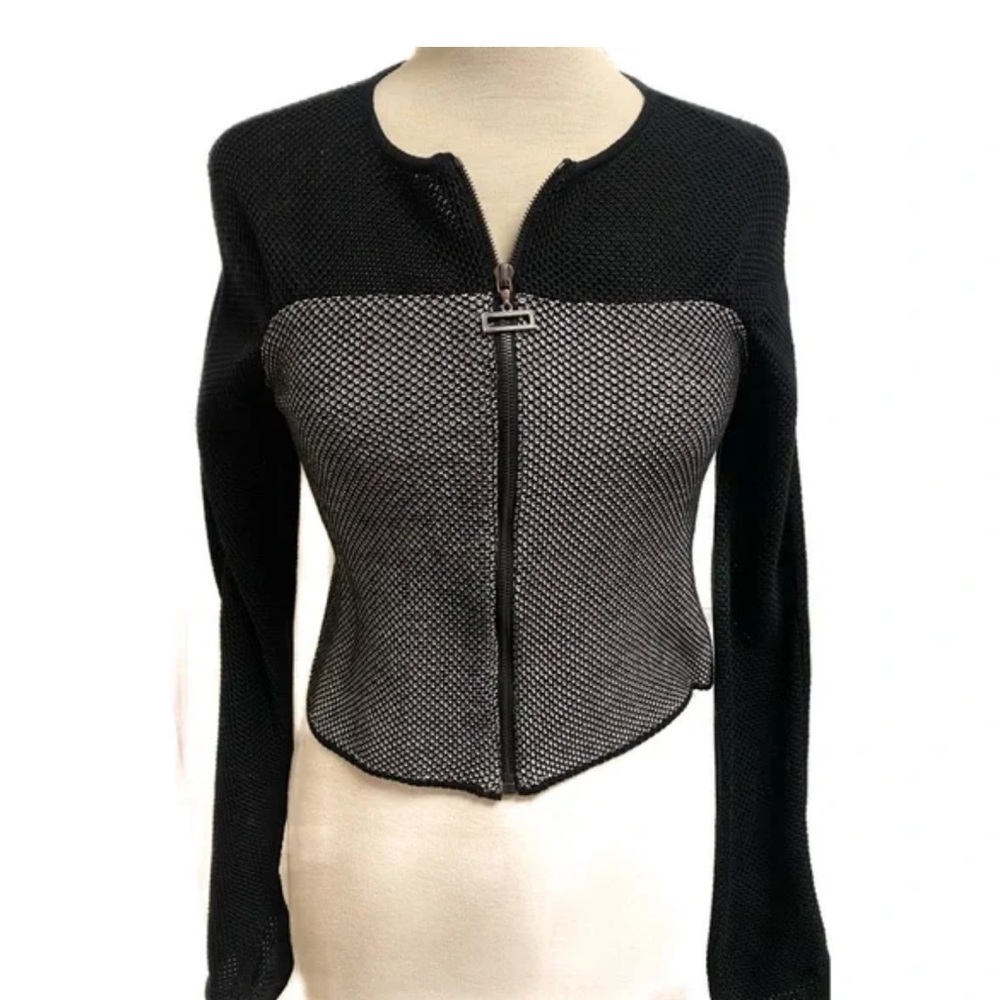 Paula Hian Black Knit Fabric zip up jacket. Size large.